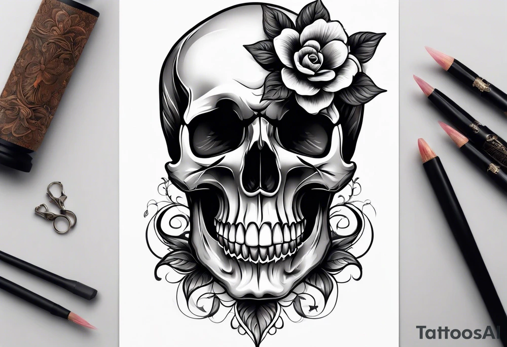skull with one flower growing out of its head tattoo idea