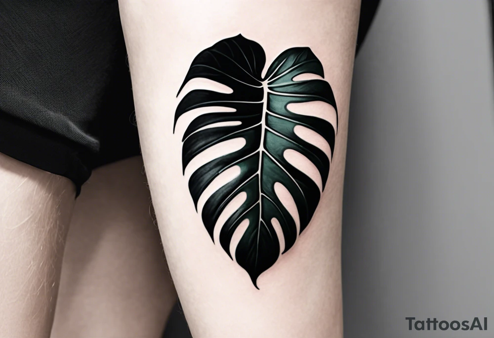 Abstract but realistic monstera leaf tattoo to go on the right leg on the outside of the leg next to the shin with a stem going down behind the ankle. Make it not so dark with lighter shading tattoo idea