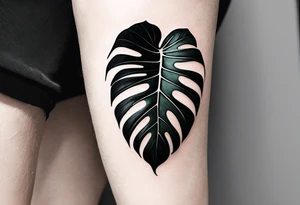 Abstract but realistic monstera leaf tattoo to go on the right leg on the outside of the leg next to the shin with a stem going down behind the ankle. Make it not so dark with lighter shading tattoo idea