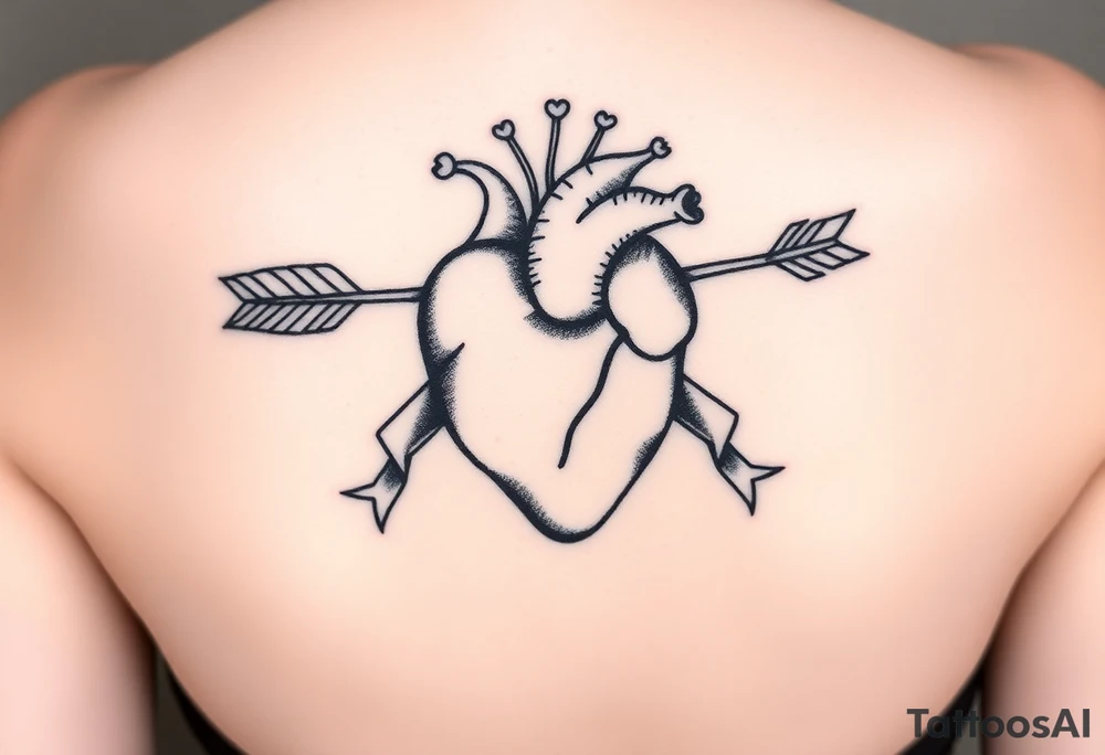 anatomical heart pierced by ornate arrow with flowing ribbons tattoo idea