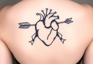 anatomical heart pierced by ornate arrow with flowing ribbons tattoo idea