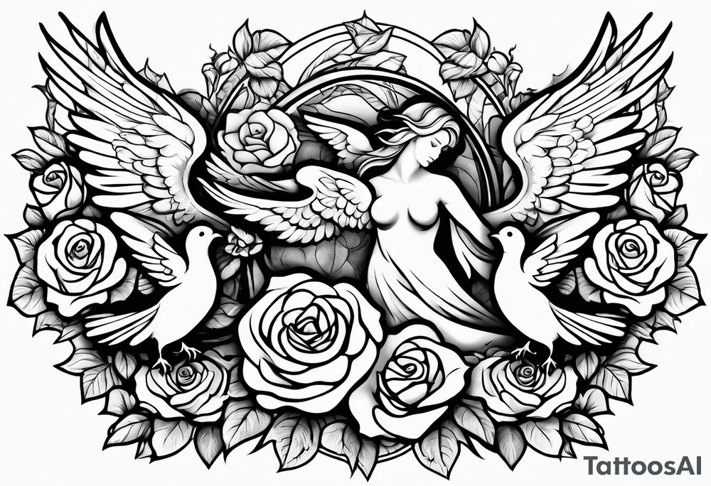Angel and deamon fighting roses doves tattoo idea