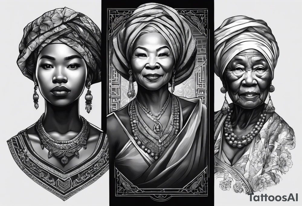 three  people side by side. a really really young black Daughter on the left, a wiht mother in the middle, really really old asian grandmother on the right. greater age difference, in an artfully decorated frame tattoo idea