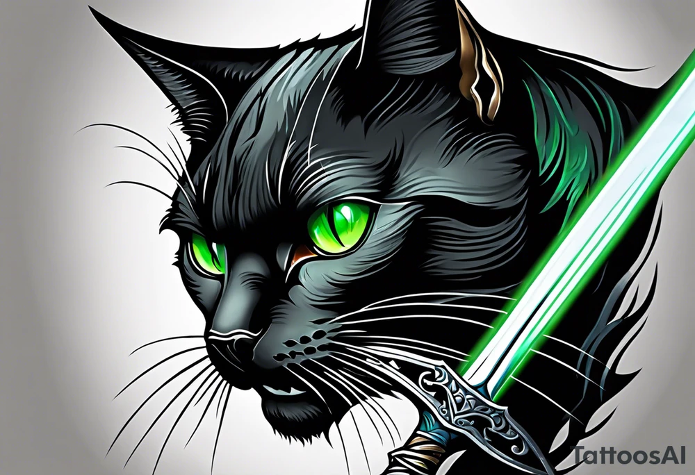 Black cat with green eyes hissing with its tail wrapped around the hilt of a sword tattoo idea
