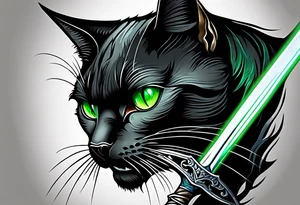Black cat with green eyes hissing with its tail wrapped around the hilt of a sword tattoo idea