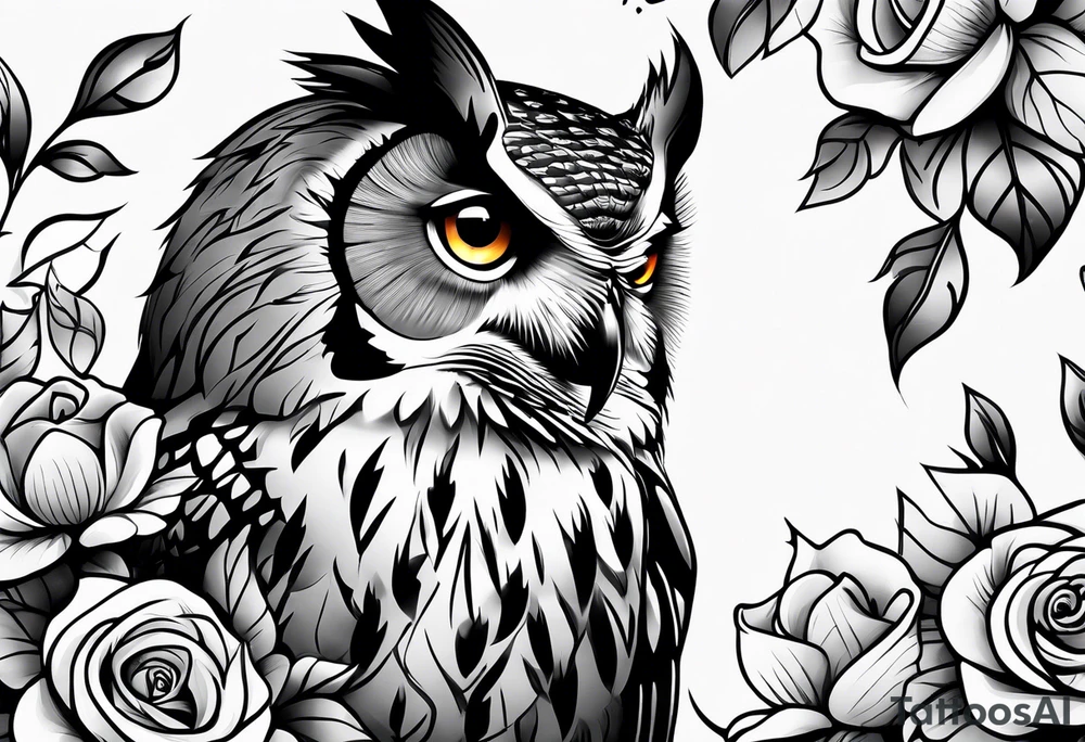 An owl, a rose, a paw print tattoo idea