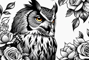 An owl, a rose, a paw print tattoo idea