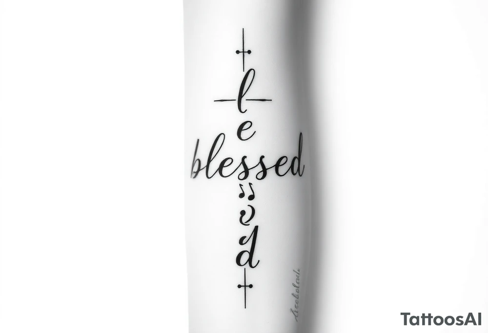 I need a fine line tattoo that has the word “blessed” but going up and down vertical and on the left side a cross and on the right side a music note tattoo idea