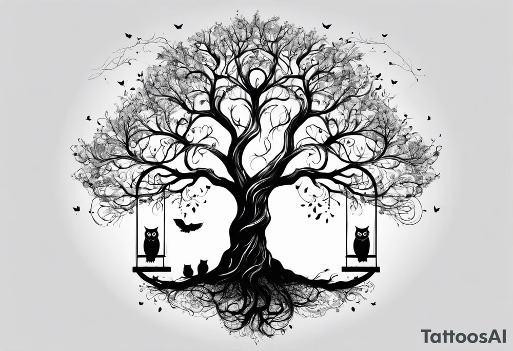 tree, with a ground line, without visible roots. the crown with branches resembles an owl. on one branch there is a swing with two boys facing backwards on it tattoo idea