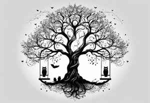 tree, with a ground line, without visible roots. the crown with branches resembles an owl. on one branch there is a swing with two boys facing backwards on it tattoo idea
