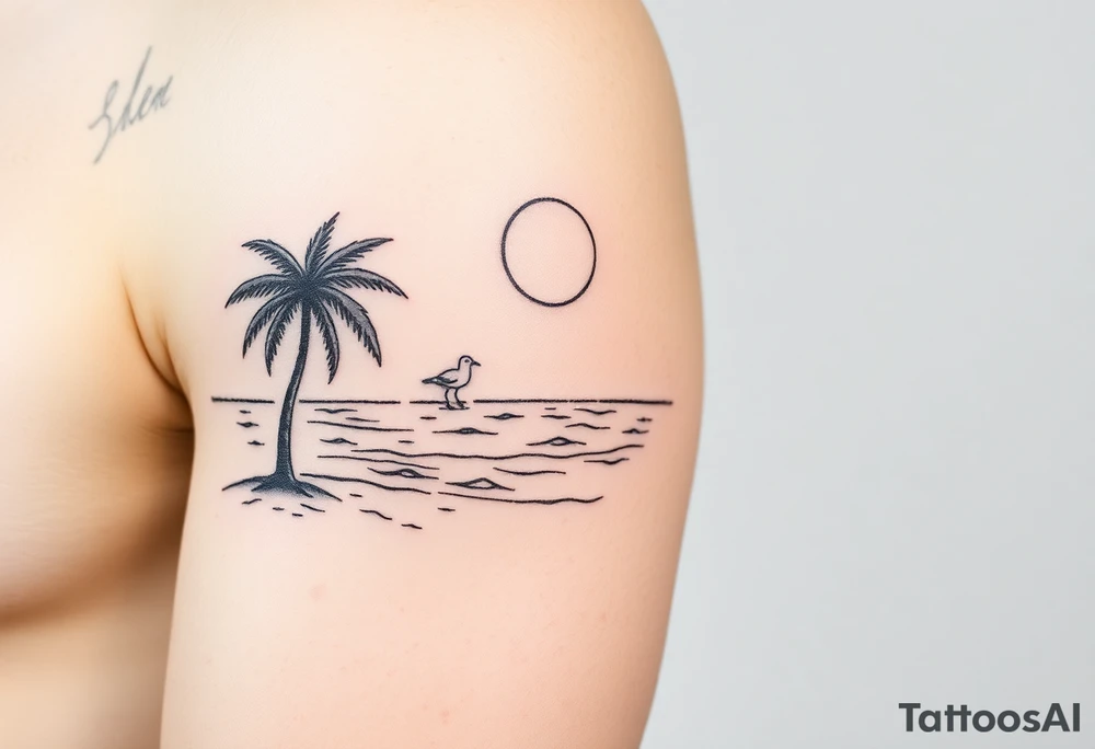 fine line, peaceful, serene, timeless, ocean, sand, palm tree, seagulls, sun tattoo idea