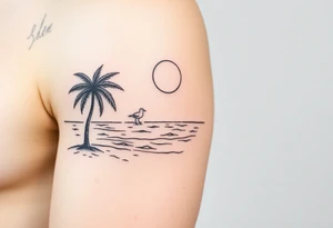 fine line, peaceful, serene, timeless, ocean, sand, palm tree, seagulls, sun tattoo idea