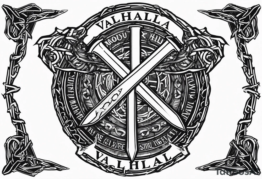 Valhalla round shield axe barbed wire chains tattoo idea