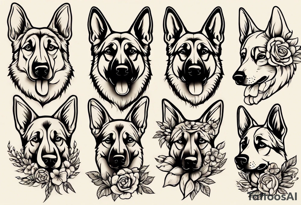 German shepherd portrait traditional flowers tattoo idea