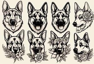 German shepherd portrait traditional flowers tattoo idea