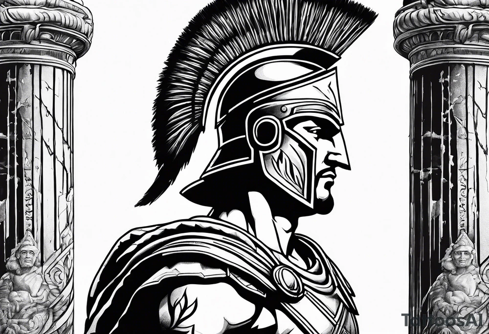 Side profile of spartan soilder with ancient pillars in foreground tattoo idea