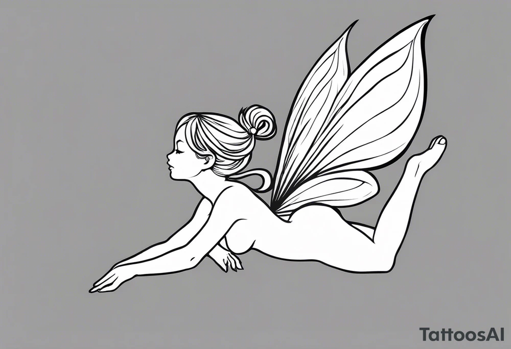 Minimalistic, monochromatic fairy with a tail flying to the left in a fetal position, leaning and looking in the same direction, with visible hands, embodying the 'Fairy Tail' logo aesthetic. tattoo idea