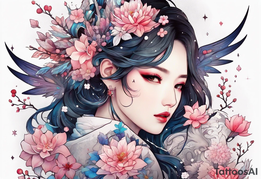 Constellation, wing , snow , cross , dragon female japan kawaii , flower tattoo idea