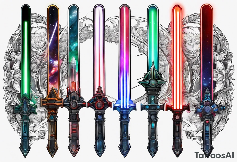 3 starwars lightsabers with each one being the birth month color for May, July, January tattoo idea