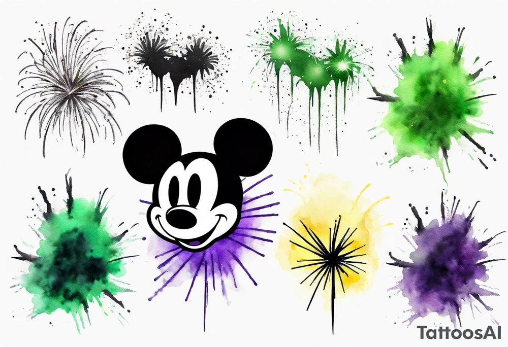 Simple Mickey head in black with watercolor fireworks behind in green purple and yellow. tattoo idea