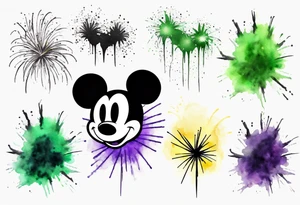Simple Mickey head in black with watercolor fireworks behind in green purple and yellow. tattoo idea