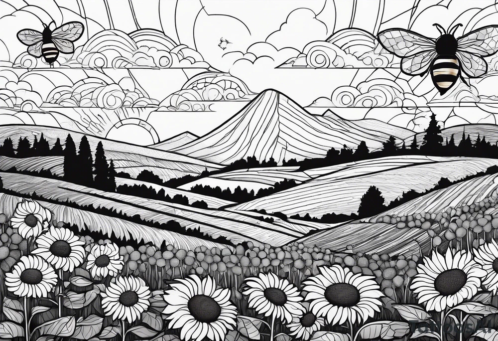 dream like sunflower meadow with distant hills and sunset. two large fuzzy bumble bees occupy the sky with beautiful clouds tattoo idea