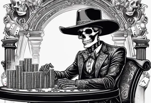 Skeleton in fancy suit, with cowboy hat, sitting at the table, holding poker tokens, lots of cash, large columns in background tattoo idea tattoo idea