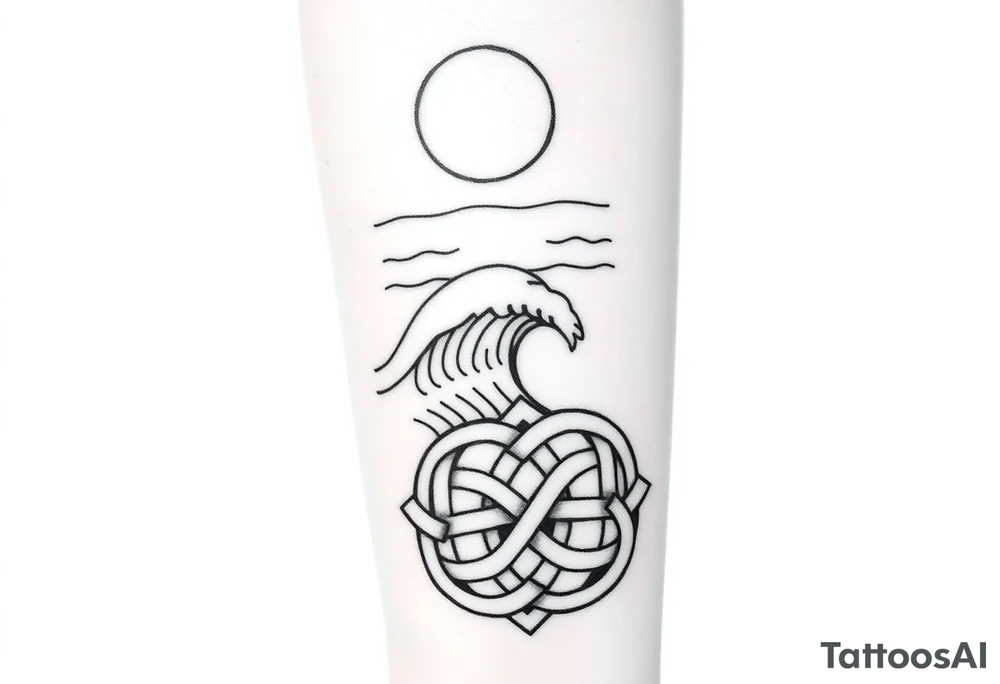 Tattoo sketch, vertical composition for forearm. Upper part: sky with moon. Middle part: stylized sea wave. Lower part: Norse knotwork ornament. Smooth transitions between sections, forming one continuous flow. Black and white line art, minimalist yet detailed, clear outlines, high contrast, stencil-ready design. tattoo idea