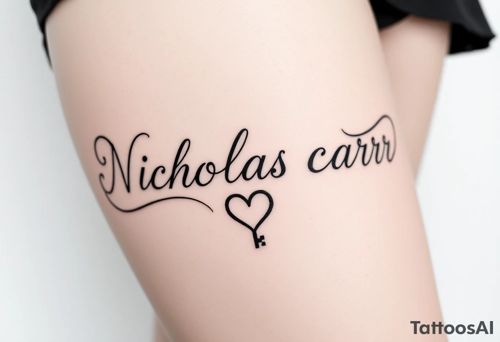 N I c h o l a s C a r r . Cursive font writing with creative swirls running with the letters spelling With a fancy heart and key in it at the end. tattoo idea
