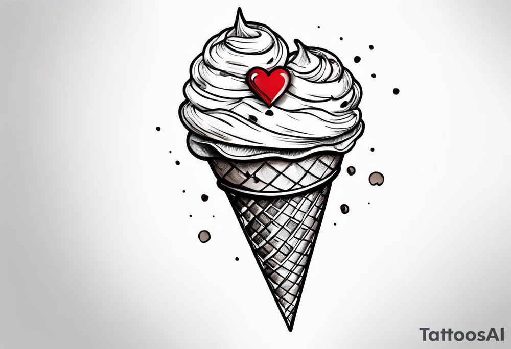 sketch chocolate chip ice cream cone with one red heart tattoo idea