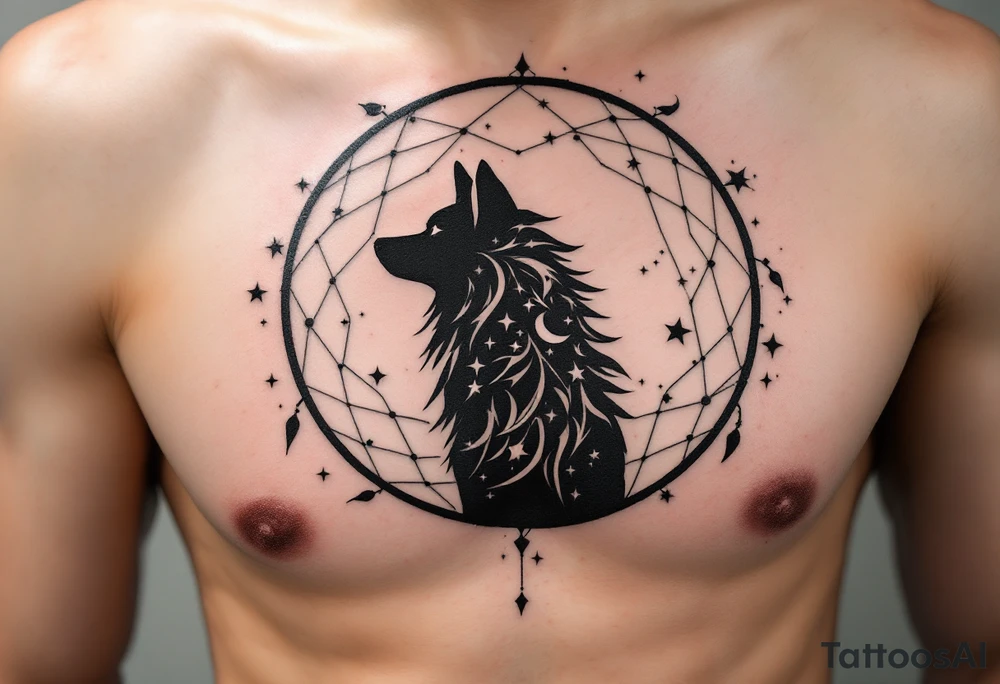 A silhouette of a wolf with its back to the viewer, framed by a dreamcatcher that acts as a border around the design. The web is filled with small, detailed elements like stars and moons. Solid black for the wolf silhouette, soft silver for the moon and stars, and light brown for the dreamcatcher frame. tattoo idea