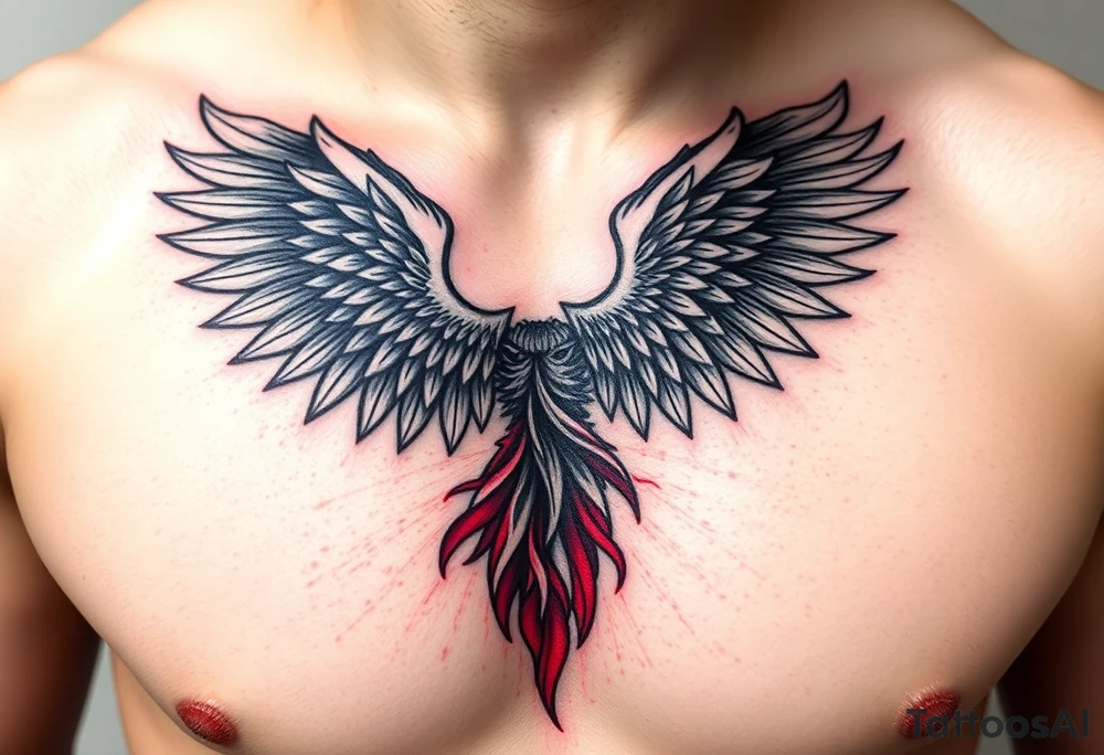 Angel black and red on left chest male tattoo idea
