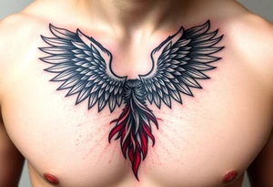 Angel black and red on left chest male tattoo idea