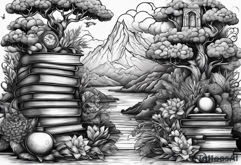 Stack of books surrounded by fantasy tattoo idea