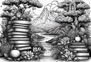 Stack of books surrounded by fantasy tattoo idea