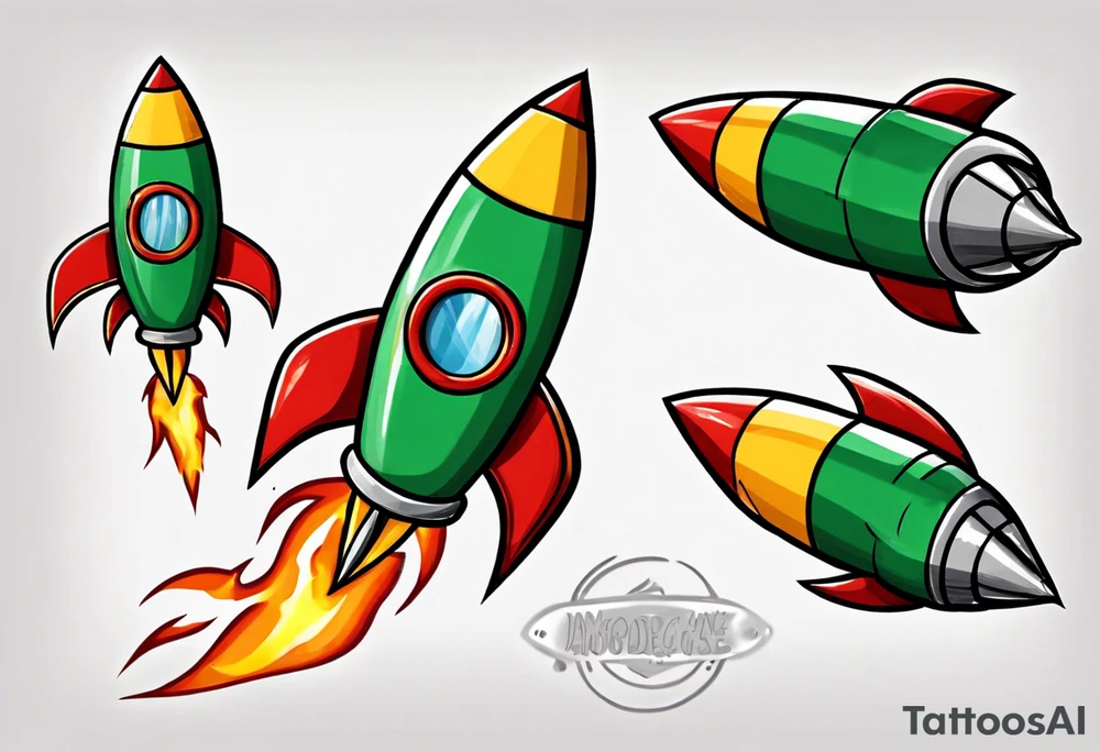 Super simple cartoon rocket ship with a round window, 3 fins, and fire coming out the bottom

Add some shading and detail to make less basic

Use green, yellow, silver. No red or blue. tattoo idea