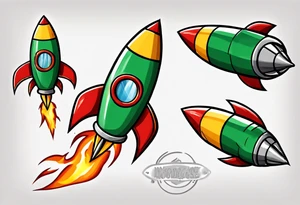 Super simple cartoon rocket ship with a round window, 3 fins, and fire coming out the bottom

Add some shading and detail to make less basic

Use green, yellow, silver. No red or blue. tattoo idea