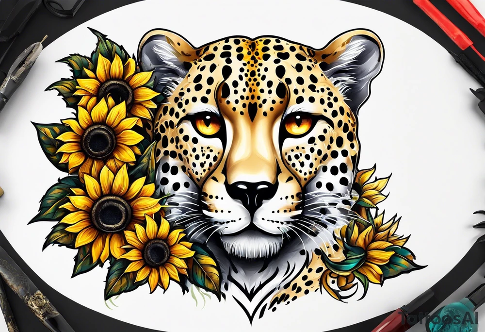 Ripped skin cheetah print with sunflowers tattoo idea