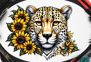 Ripped skin cheetah print with sunflowers tattoo idea