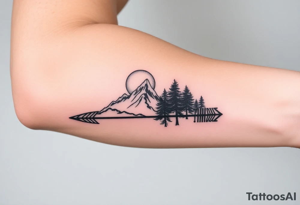 Mountains sun sea trees on an arrow like design that runs up the forearm from the wrist to the elbow tattoo idea