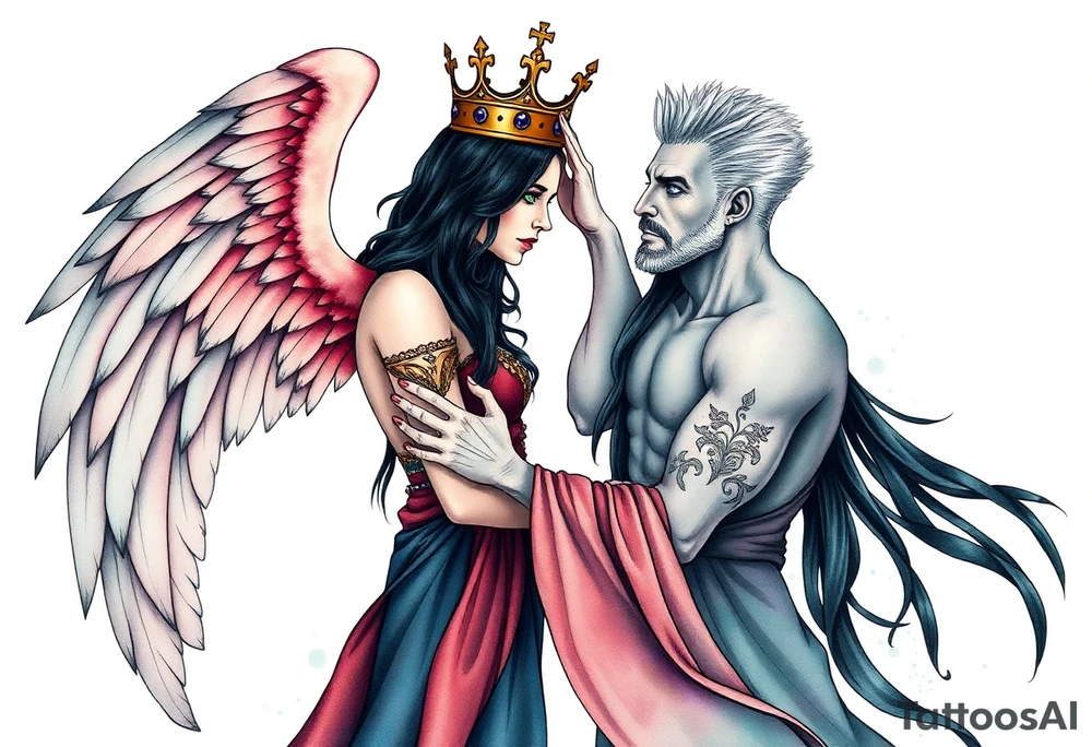 A Scorpio gypsy woman with wings like an angel and long black hair and green eyes placing a kings crown on a tall man with grey short spiked hair and blue eyes. She is wearing a long flowing dress tattoo idea