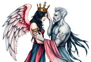 A Scorpio gypsy woman with wings like an angel and long black hair and green eyes placing a kings crown on a tall man with grey short spiked hair and blue eyes. She is wearing a long flowing dress tattoo idea