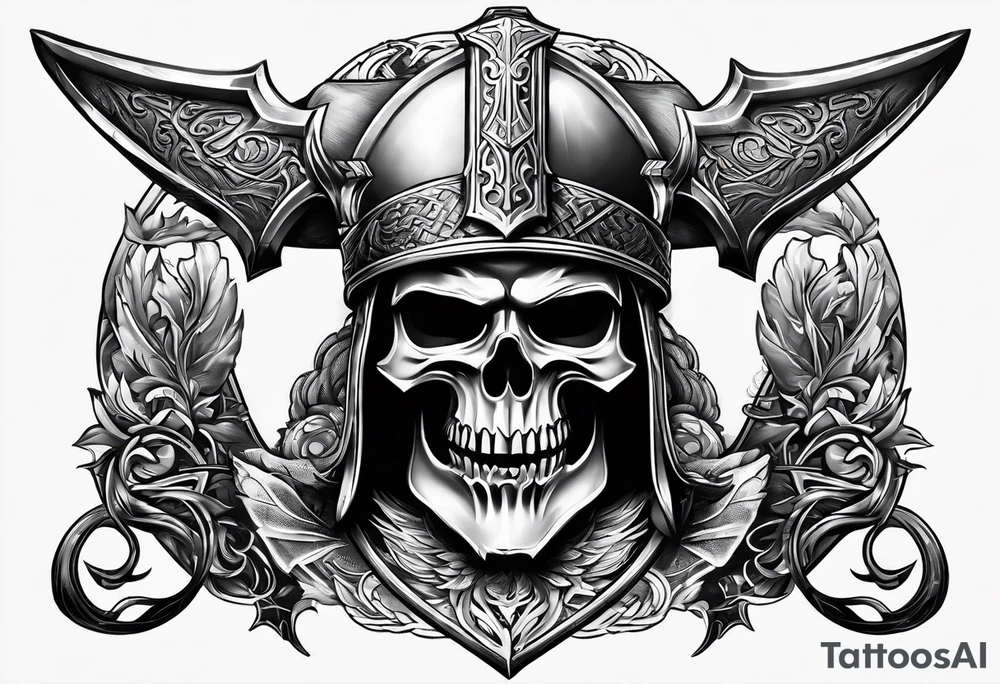 Valhalla sword shield axe mist fog tattoo idea