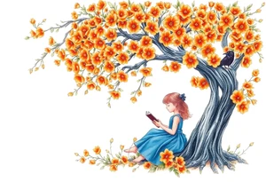 An orange tree full of flowers, a little girl wearing a blue dress sitting under it while reading. A raven watching her.


. tattoo idea