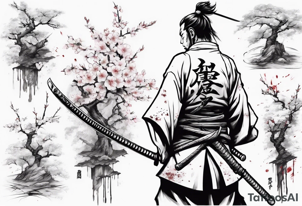 A samurai standing with his back among swords, he has a hole in his back and where the blood came from he saw sakura leaves tattoo idea