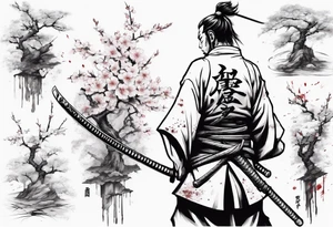 A samurai standing with his back among swords, he has a hole in his back and where the blood came from he saw sakura leaves tattoo idea