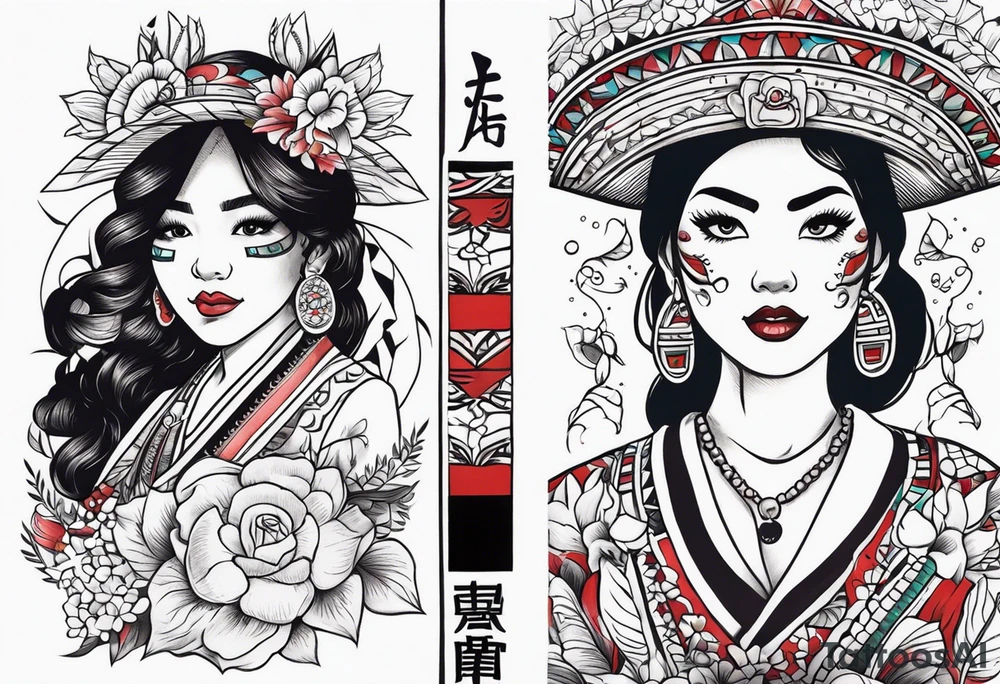 Mexican culture that converts to Japanese culture in a sleeve format tattoo idea