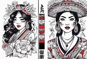 Mexican culture that converts to Japanese culture in a sleeve format tattoo idea