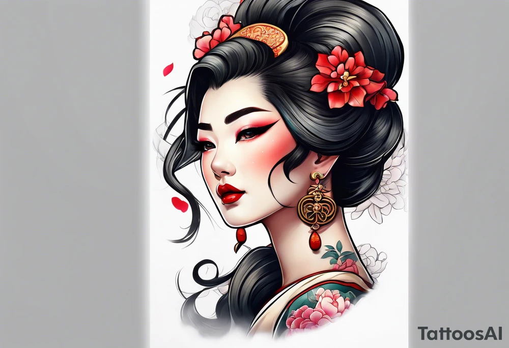 neo traditional Geisha pinup tattoo idea