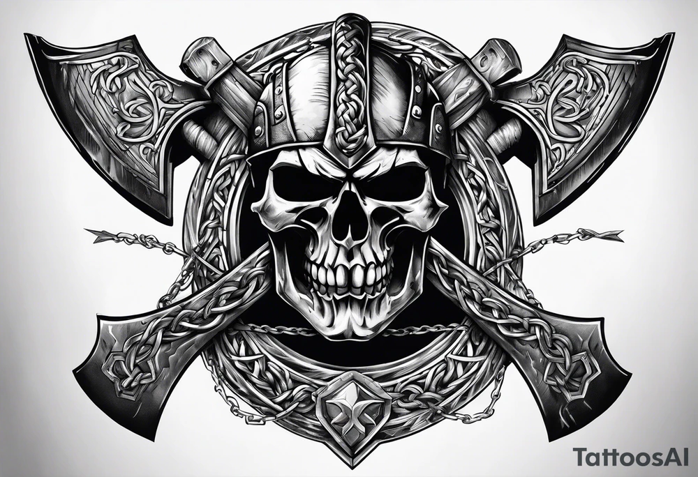Valhalla sword shield axe barbed wire chains dark cloud tattoo idea